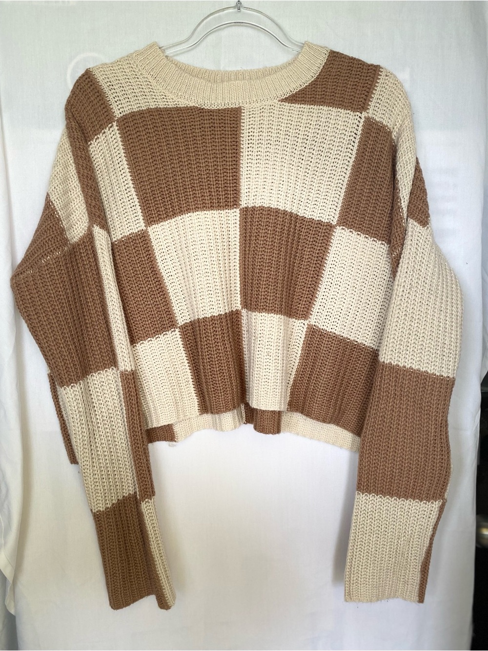 Moon & Madison Large Brown Beige Check Rib Knit Crew Neck Oversized Pullover